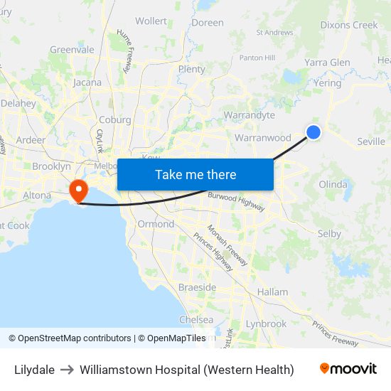 Lilydale to Williamstown Hospital (Western Health) map