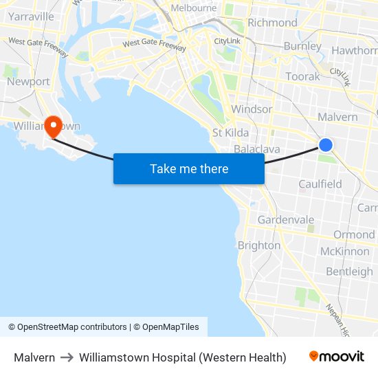 Malvern to Williamstown Hospital (Western Health) map