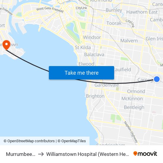 Murrumbeena to Williamstown Hospital (Western Health) map