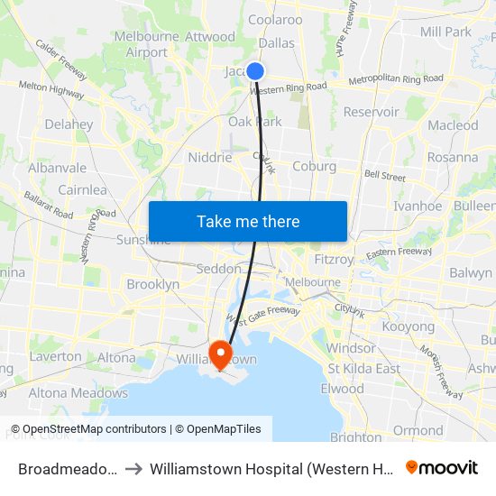 Broadmeadows to Williamstown Hospital (Western Health) map