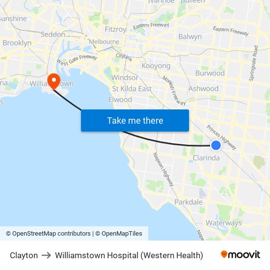 Clayton to Williamstown Hospital (Western Health) map