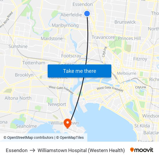 Essendon to Williamstown Hospital (Western Health) map