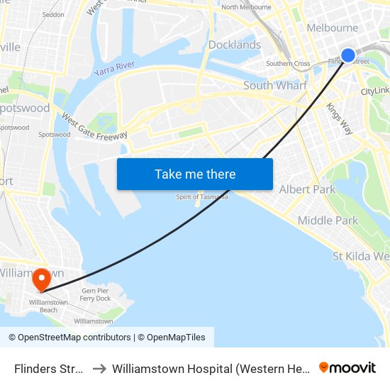 Flinders Street to Williamstown Hospital (Western Health) map