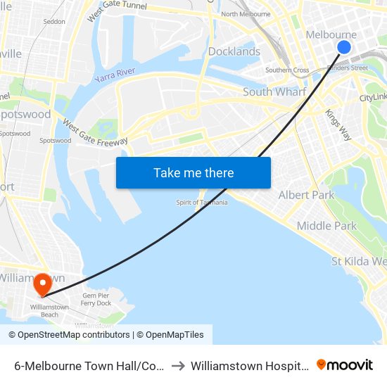 6-Melbourne Town Hall/Collins St (Melbourne City) to Williamstown Hospital (Western Health) map