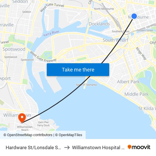 Hardware St/Lonsdale St (Melbourne City) to Williamstown Hospital (Western Health) map