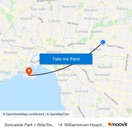 Doncaster Park + Ride/Doncaster Rd (Doncaster) to Williamstown Hospital (Western Health) map