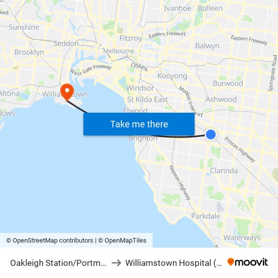 Oakleigh Station/Portman St (Oakleigh) to Williamstown Hospital (Western Health) map