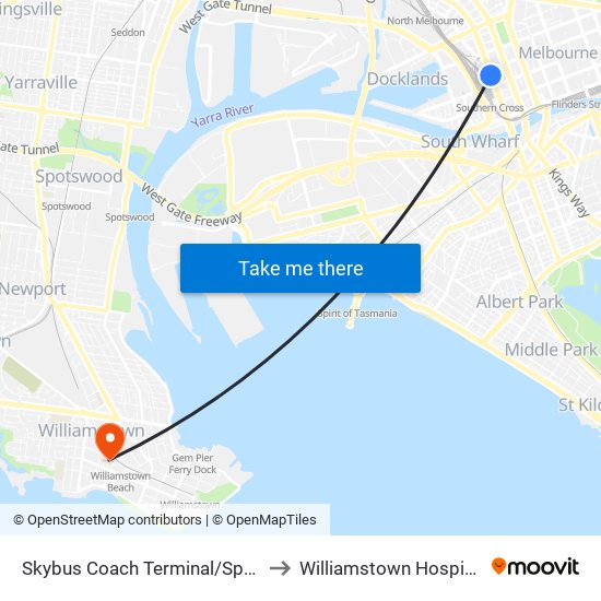 Skybus Coach Terminal/Spencer St (Melbourne City) to Williamstown Hospital (Western Health) map