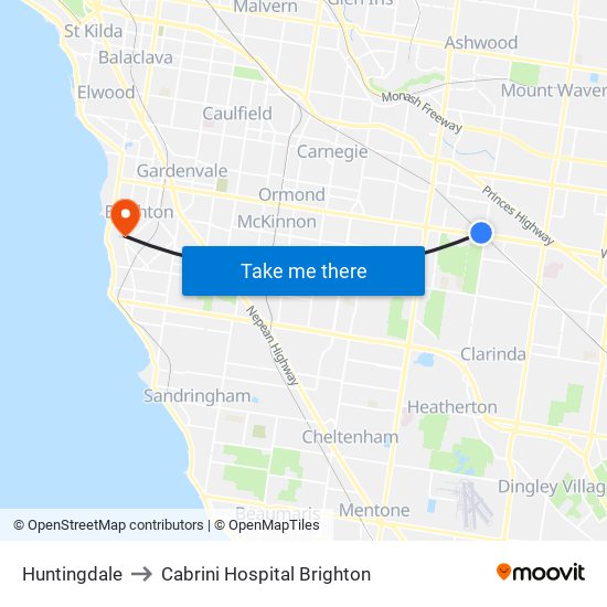 Huntingdale to Cabrini Hospital Brighton map