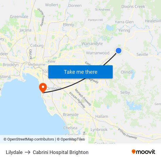 Lilydale to Cabrini Hospital Brighton map