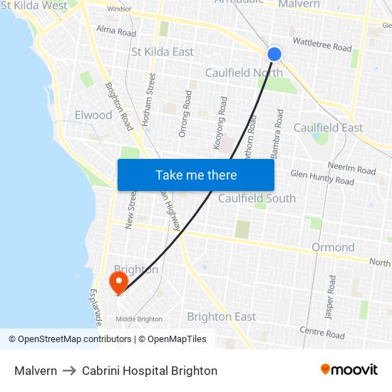 Malvern to Cabrini Hospital Brighton map