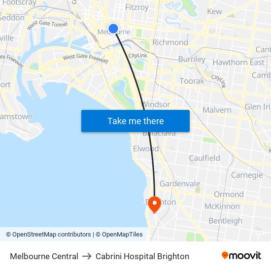 Melbourne Central to Cabrini Hospital Brighton map