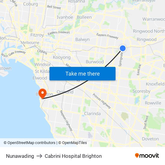 Nunawading to Cabrini Hospital Brighton map