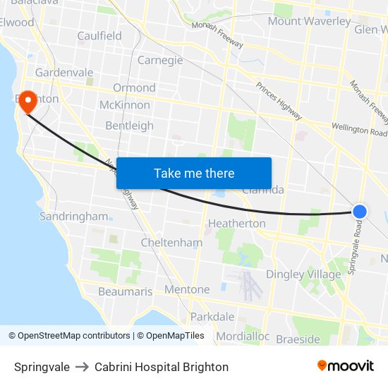 Springvale to Cabrini Hospital Brighton map