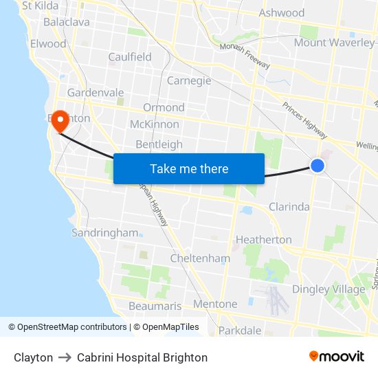 Clayton to Cabrini Hospital Brighton map