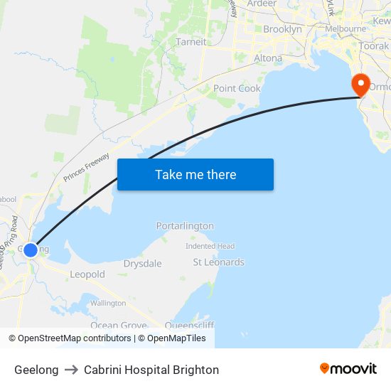 Geelong to Cabrini Hospital Brighton map