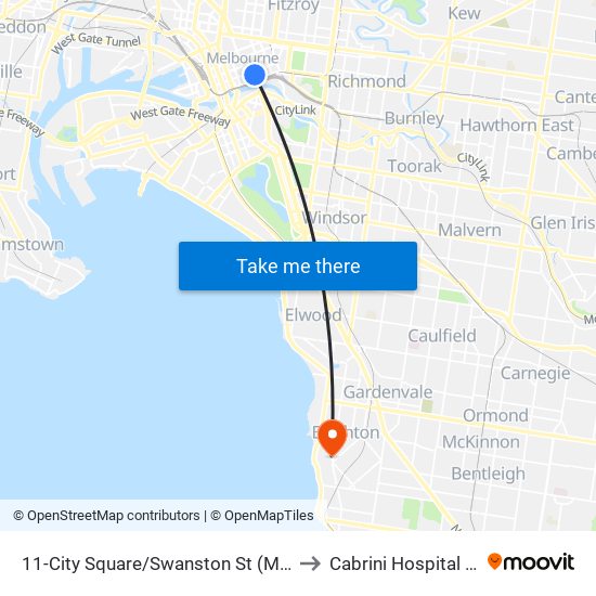 11-City Square/Swanston St (Melbourne City) to Cabrini Hospital Brighton map