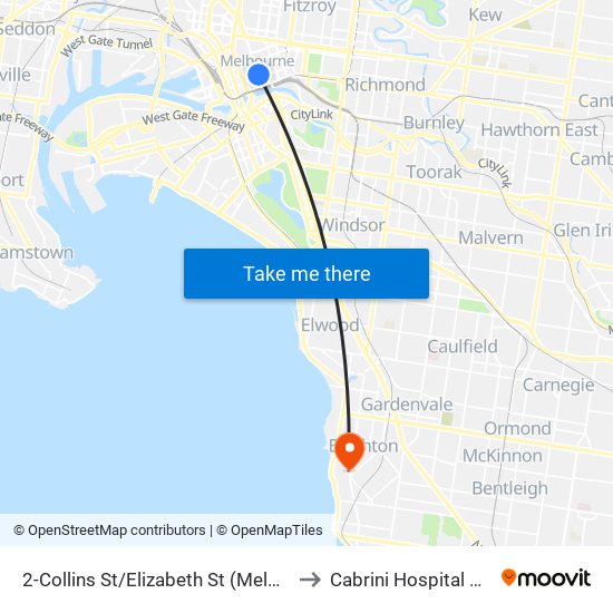 2-Collins St/Elizabeth St (Melbourne City) to Cabrini Hospital Brighton map