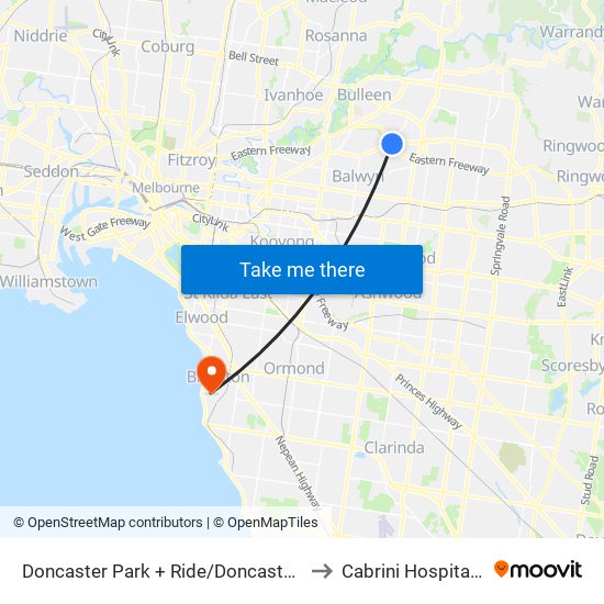 Doncaster Park + Ride/Doncaster Rd (Doncaster) to Cabrini Hospital Brighton map