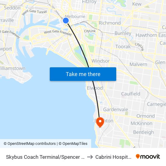 Skybus Coach Terminal/Spencer St (Melbourne City) to Cabrini Hospital Brighton map