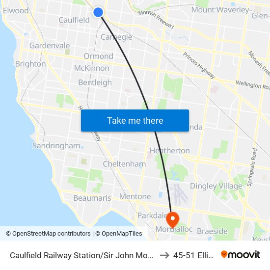 Caulfield Railway Station/Sir John Monash Dr (Caulfield East) to 45-51 Elliot Street map