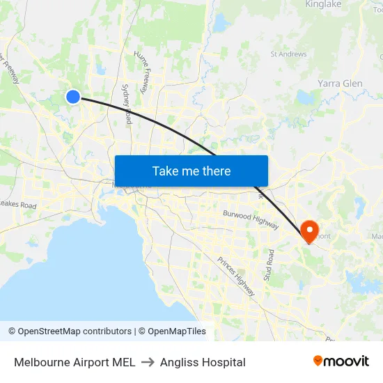 Melbourne Airport MEL to Angliss Hospital map