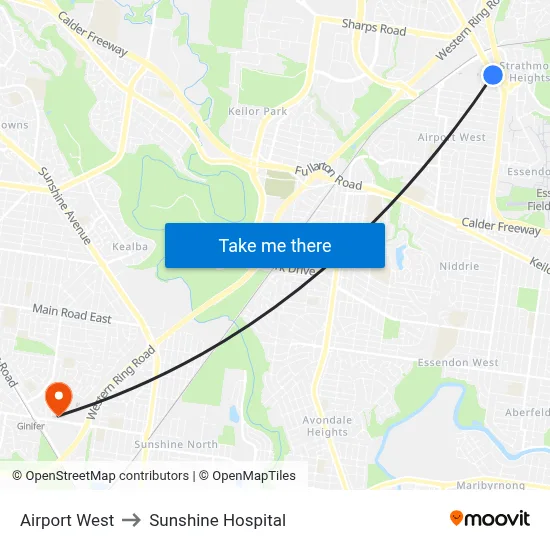 Airport West to Sunshine Hospital map