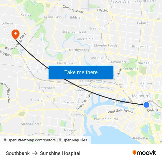 Southbank to Sunshine Hospital map