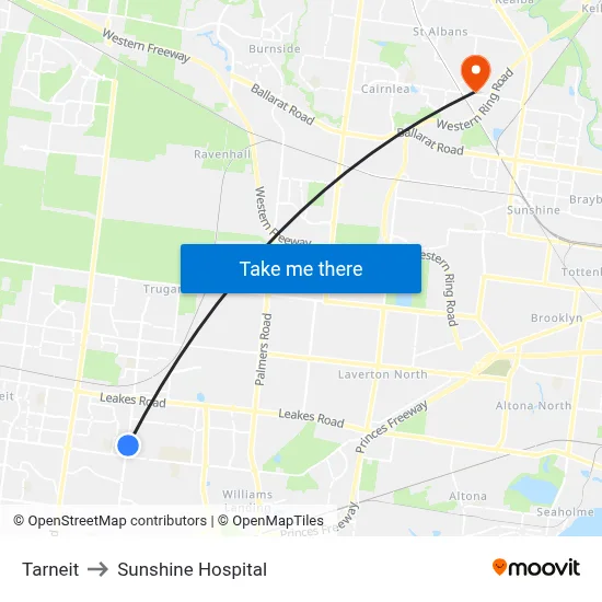 Tarneit to Sunshine Hospital map