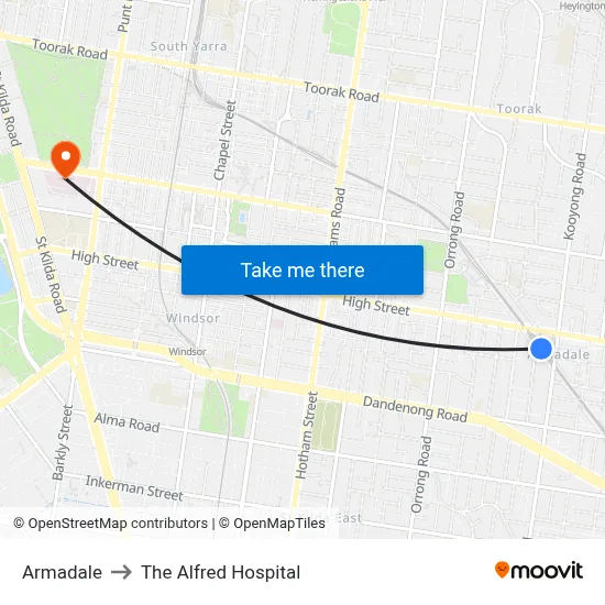 Armadale to The Alfred Hospital map