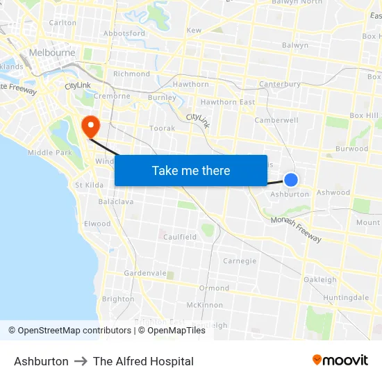 Ashburton to The Alfred Hospital map