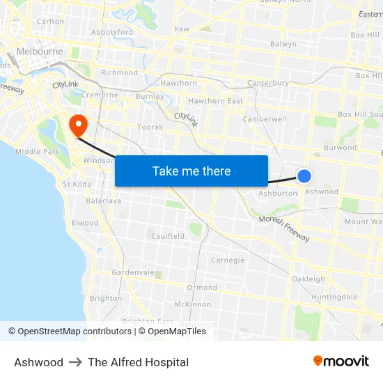 Ashwood to The Alfred Hospital map