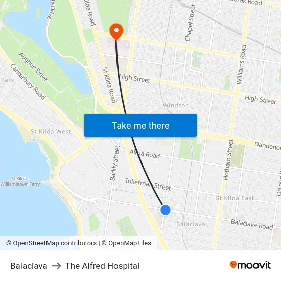 Balaclava to The Alfred Hospital map