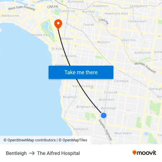 Bentleigh to The Alfred Hospital map
