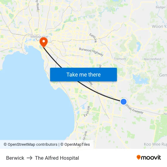 Berwick to The Alfred Hospital map