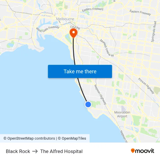 Black Rock to The Alfred Hospital map