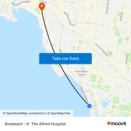 Bonbeach to The Alfred Hospital map