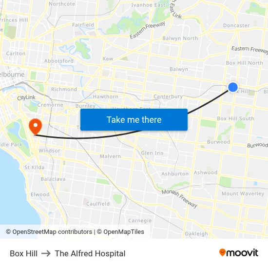 Box Hill to The Alfred Hospital map