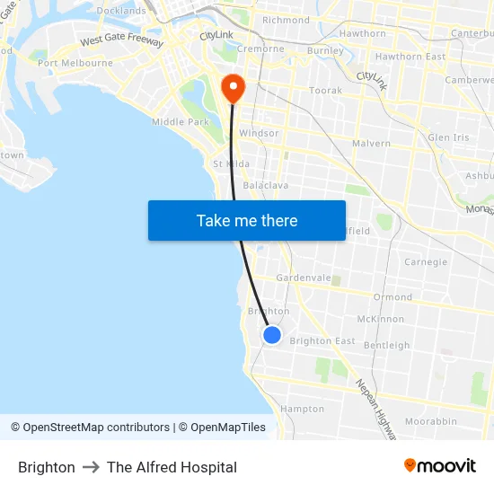 Brighton to The Alfred Hospital map