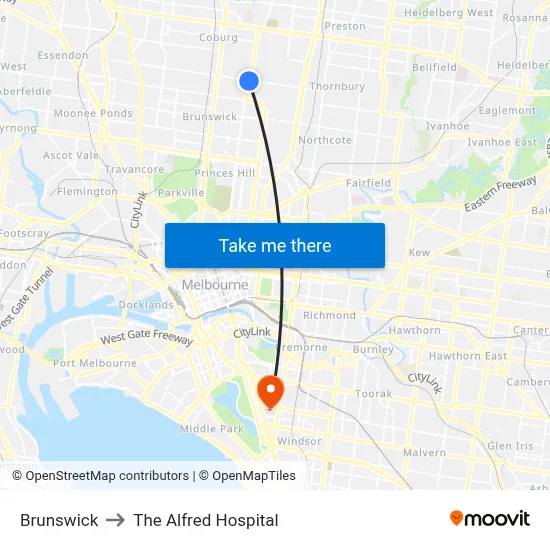 Brunswick to The Alfred Hospital map