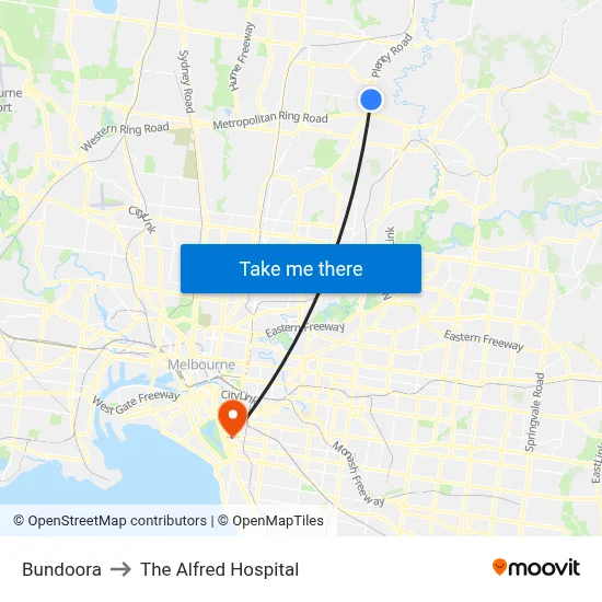 Bundoora to The Alfred Hospital map