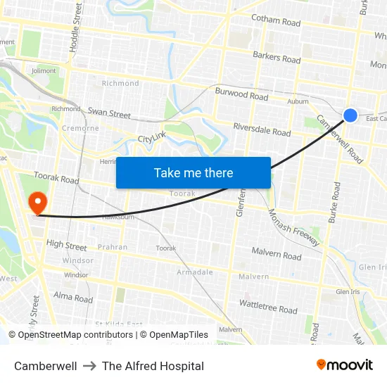Camberwell to The Alfred Hospital map