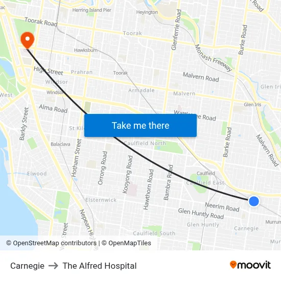 Carnegie to The Alfred Hospital map