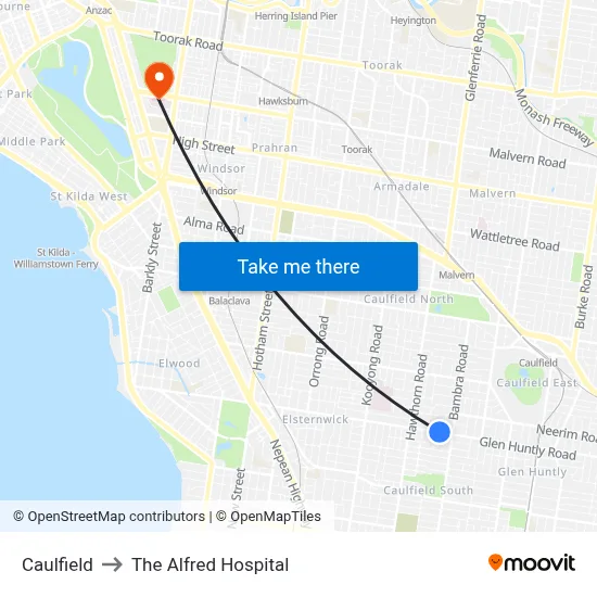 Caulfield to The Alfred Hospital map
