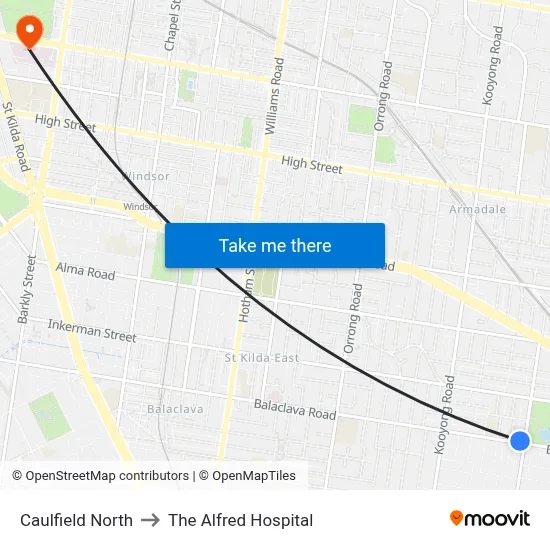 Caulfield North to The Alfred Hospital map