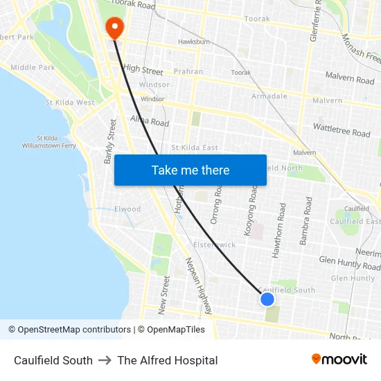 Caulfield South to The Alfred Hospital map