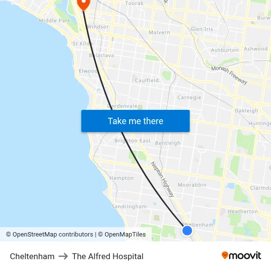Cheltenham to The Alfred Hospital map