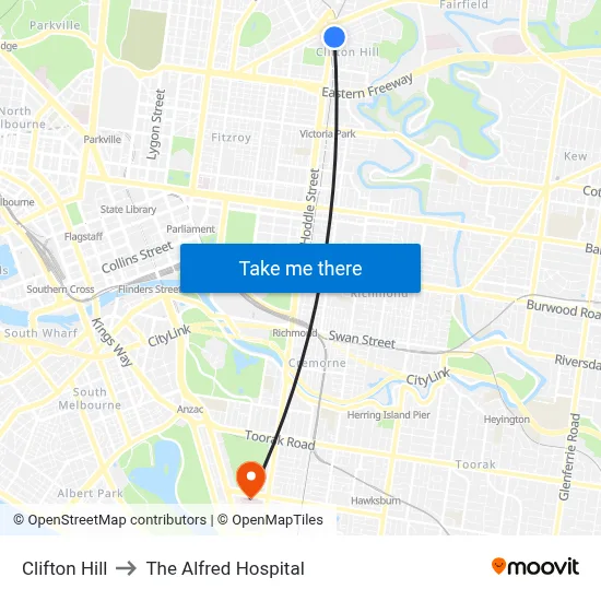 Clifton Hill to The Alfred Hospital map