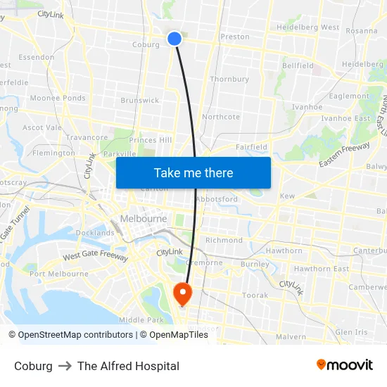 Coburg to The Alfred Hospital map