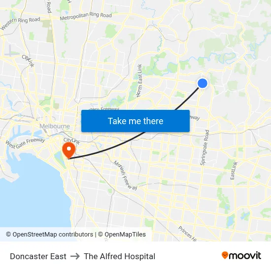 Doncaster East to The Alfred Hospital map